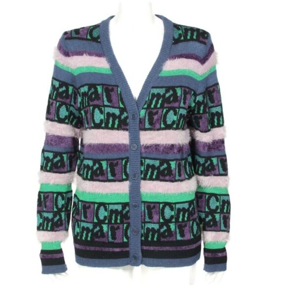 MARC JACOBS Heaven Loopy Logo Metallic Faux Fur Cardigan Sweater Womens sz L 764 - Picture 1 of 6